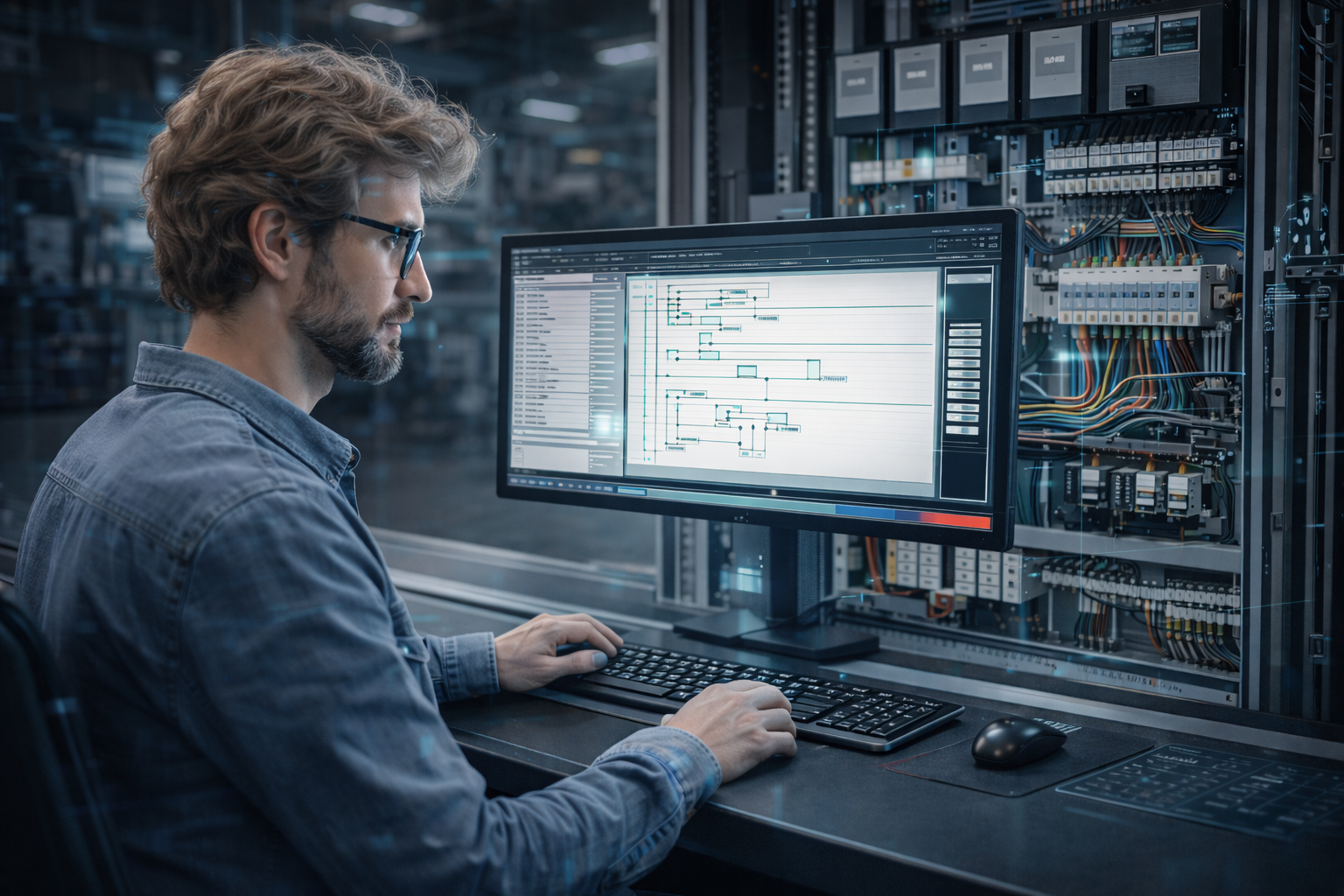 Ingenieur programmiert SPS-Steuerung im Büro bei EVO Electronic Solutions