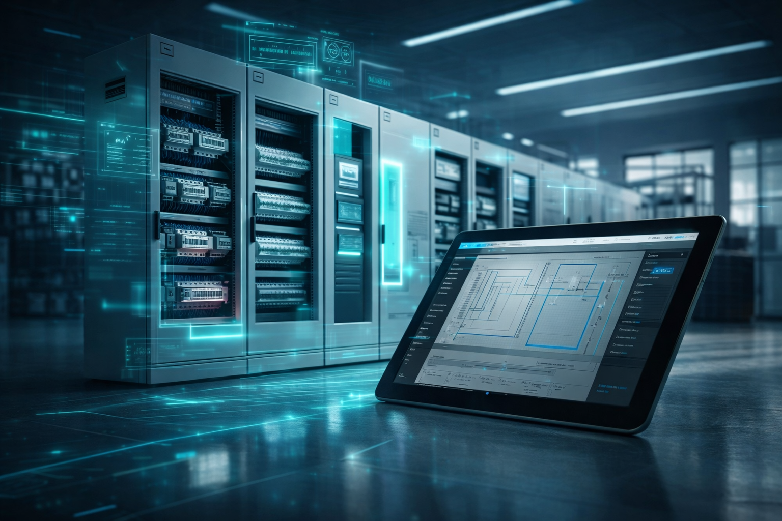 High-Tech Steuerungseinheit mit digitalem Schaltplan auf Tablet — EVO Electronic Solutions